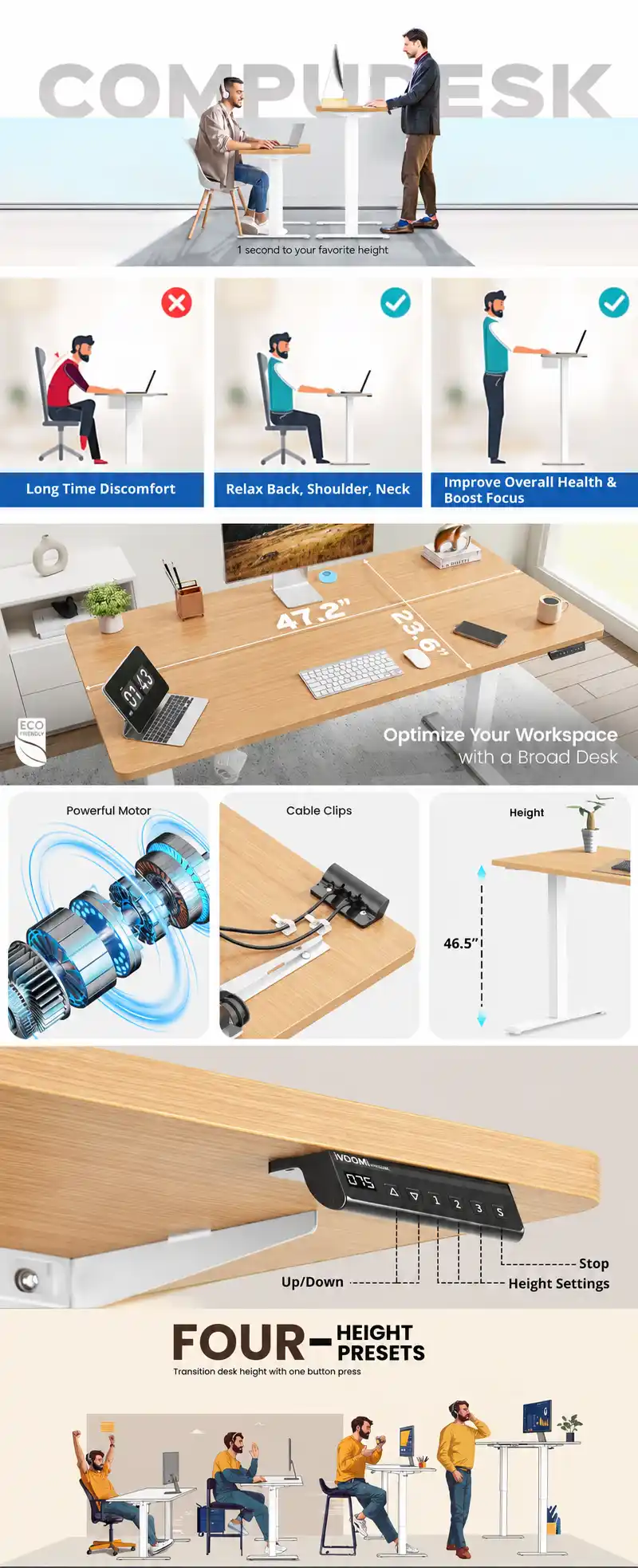 White-Frame Light Wood Standing Desk Infographic